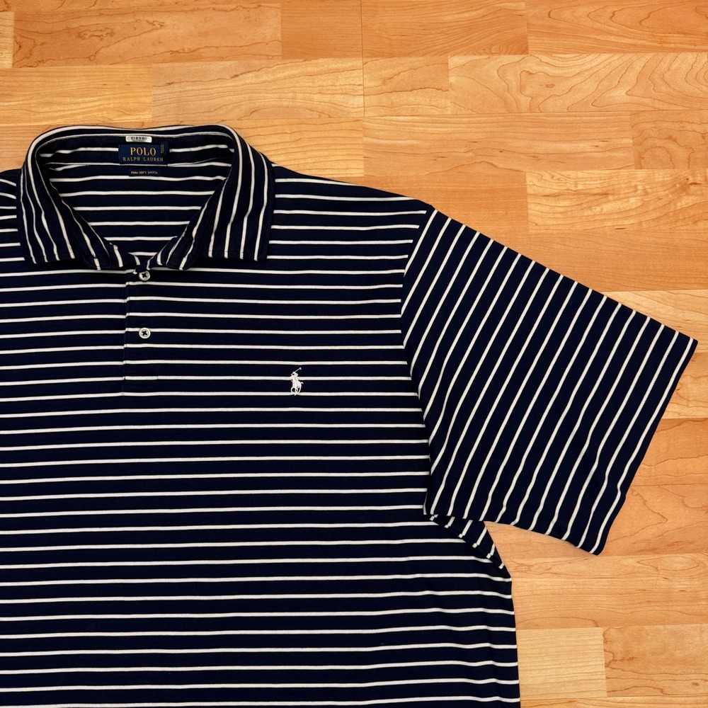 Vintage Polo Ralph Lauren Mens 3XLT Navy Blue Striped Pima Soft Touch Polo Shirt